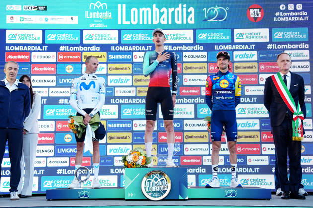France s Paul Seixas of Decathlon CMA CGM Team first place winner, Spain s Enric Mas Nicolau of Movistar Team second place, Italy s Giulio Ciccone of Lidl-Trek third place, celebrates on the podium during the 120th edition of the Il Lombardia, Tour of Lombardy cycling race, a 239 km one day race from Bergamo to Como on October 10, 2026, Italy.  Copyright: xGianxMattiaxD Alberto LaPressex