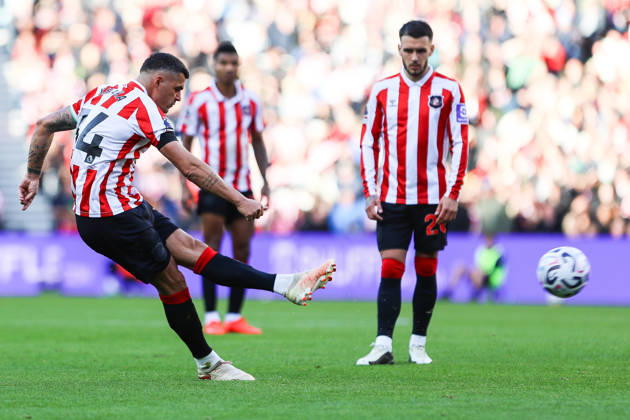 SUNDERLAND, ENGLAND, OCTOBER 10: Granit Xhaka of Sunderland AFC takes a shot from a free kick during a Premier League 2026-27 match between Sunderland AFC and Brighton & Hove Albion at the Stadium of Light on October 10, 2026 in Sunderland, England. (Photo by Zach Forster Sports Press Photo) Copyright: xZachxForster SportsxPressxPhotox Sportspressphoto_SPR250898