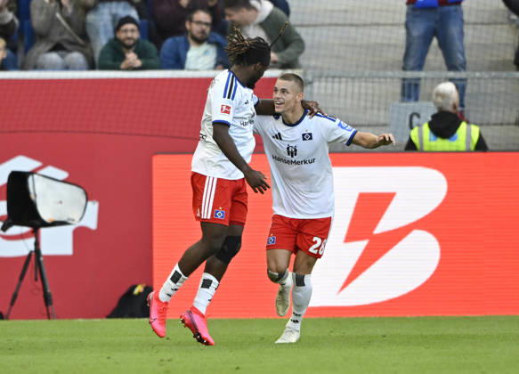 TOR zum 2:2 Terem Moffi Hamburger SV HSV (09) Torjubel Miro Muheim Hamburger SV HSV (28) TSG 1899 Hoffenheim vs Hamburger SV HSV 10.10.2026 DFL REGULATIONS PROHIBIT ANY USE OF PHOTOGRAPHS AS IMAGE SEQUENCES AND OR QUASI-VIDEO TSG 1899 Hoffenheim vs Hamburger SV HSV