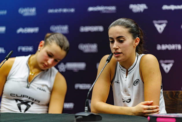 DÜSSELDORF, GERMANY - 10 OCTOBER 2026: Image shows press conference, PK, Pressekonferenz with Martina Calvo (ESP) and Claudia Fernandez Sanchez (ESP) during CUPRA Germany Premier Padel P2 2026 Day 7: Semifinals at CASTELLO Düsseldorf on 10 10 2026 in Düsseldorf, Germany. Germany Copyright: xFröhlichxPascalx
