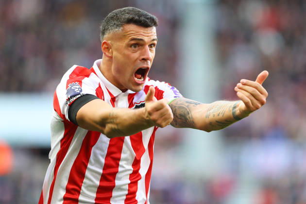 SUNDERLAND, ENGLAND, OCTOBER 10: Granit Xhaka of Sunderland AFC gestures for the ball during a Premier League 2026-27 match between Sunderland AFC and Brighton & Hove Albion at the Stadium of Light on October 10, 2026 in Sunderland, England. (Photo by Zach Forster Sports Press Photo) Copyright: xZachxForster SportsxPressxPhotox Sportspressphoto_SPR250899
