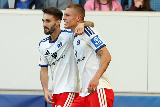 10.10.2026, xrekx, Fussball 1.Bundesliga, TSG 1899 Hoffenheim - Hamburger SV v.l. Torjubel nach dem Tor zum celebrating the goal celebrate 2:3 durch Miro Muheim (Hamburger SV) mit Fabio Vieira (Hamburger SV) (DFL DFB REGULATIONS PROHIBIT ANY USE OF PHOTOGRAPHS as IMAGE SEQUENCES and or QUASI-VIDEO) Sinsheim
