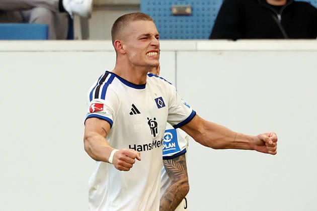 10.10.2026, xrekx, Fussball 1.Bundesliga, TSG 1899 Hoffenheim - Hamburger SV v.l. Torjubel nach dem Tor zum celebrating the goal celebrate 2:3 durch Miro Muheim (Hamburger SV) (DFL DFB REGULATIONS PROHIBIT ANY USE OF PHOTOGRAPHS as IMAGE SEQUENCES and or QUASI-VIDEO) Sinsheim