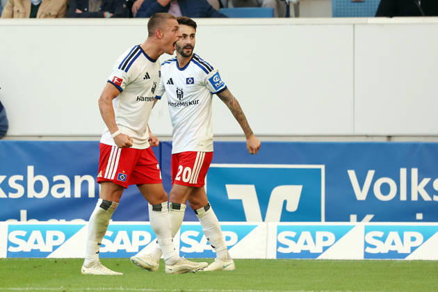 10.10.2026, xrekx, Fussball 1.Bundesliga, TSG 1899 Hoffenheim - Hamburger SV v.l. Torjubel nach dem Tor zum celebrating the goal celebrate 2:3 durch Miro Muheim (Hamburger SV) mit Fabio Vieira (Hamburger SV) (DFL DFB REGULATIONS PROHIBIT ANY USE OF PHOTOGRAPHS as IMAGE SEQUENCES and or QUASI-VIDEO) Sinsheim