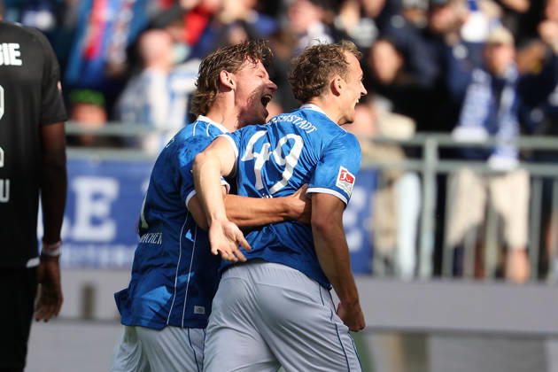 2026.10.10 Fussball 2.Bundesliga SV Darmstadt 98 - Energie Cottbus v.l.,Fynn Luca Lakenmacher (SV Darmstadt 98) and Yannik Luehrs (SV Darmstadt 98) seen celebrating after scoring goal to 3:1 Copyright: HMBxMedia JoaquimxFerreira