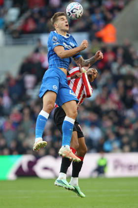 10th October 2026; Stadium of Light, Sunderland, England; Premier League Football, Sunderland versus Brighton and Hove Albion; Luka Vuskovic of Brighton and Hove Albion heads the ball DavexLofthouse