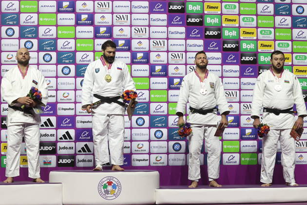 AZERBAIJAN, BAKU - OCTOBER 10, 2026: Azerbaijan s Ushangi Kokauri, Russia s Inal Tasoev, Czechia s Lukas Krpalek and Azerbaijan s Kanan Nasibov (L-R) celebrate their silver, gold and two bronze medals respectively during a victory ceremony for the men s heavyweight event as the 2026 World Judo Championships takes place at the National Gymnastics Arena 2026 World Judo Championships In Baku  - ZUMAt113 20261010_zaa_t113_463 Copyright: xMikhailxSinitsynx