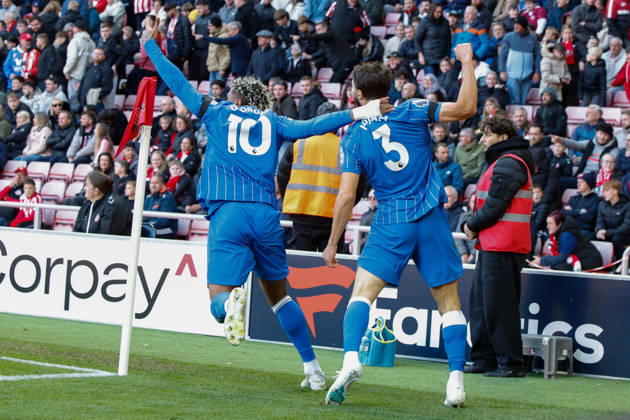 Sunderland v Brighton & Hove Albion, Premier League Georginio Rutter celebrates with goal scorer Jaouen Hadjam of Brighton 0-2 during the Sunderland v Brighton & Hove Albion Premier League match at the Stadium of Light, Sunderland, England on 10 October 2026 Credit: Craig Cowan Every Second Media Editorial use only. All images are copyright Every Second Media Limited. No images may be reproduced without prior permission. All rights reserved. Premier League and Football League images are subject to licensing agreements with Football DataCo Limited. see https: www.football-dataco.com Copyright: xIMAGO EveryxSecondxMediax ESM-2208-0090 CraigxCowanx xEveryxSecondxMediax