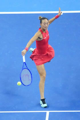 (261010) -- BEIJING, Oct. 10, 2026 -- Zheng Qinwen hits a return during the women s singles semifinal between Zheng Qinwen of China and Elise Mertens of Belgium at 2026 China Open tennis tournament in Beijing, China, Oct. 10, 2026. ) (SP)CHINA-BEIJING-TENNIS-CHINA OPEN-WOMEN S SINGLES-SEMIFINAL (CN) JuxHuanzong