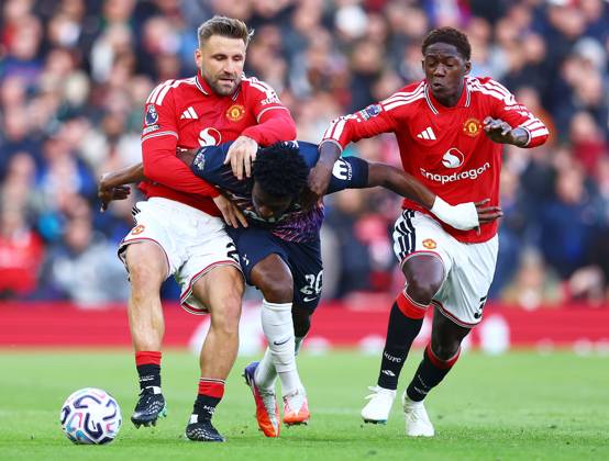 Mohammed Kudus of Tottenham Hotspur in between Luke Shaw and Kobbie Mainoo of Manchester United, ManU Manchester United v Tottenham Hotspur, Premier League, Football, Old Trafford, Manchester, UK - 10 Oct 2026Manchester Old Trafford United Kingdom EDITORIAL USE ONLY No use with unauthorised audio, video, data, fixture lists, club league logos or live services. Online in-match use limited to 120 images, no video emulation. No use in betting, games or single club league player publications. Copyright: xMattxWest Shutterstockx 17208388m