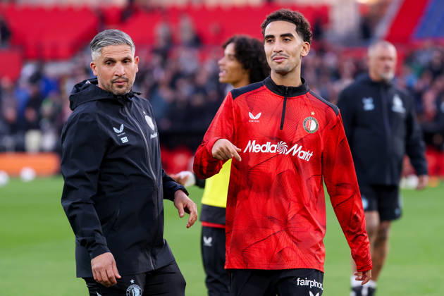 2026-10-10 Feyenoord v AZ Alkmaar - Dutch Eredivisie ROTTERDAM, NETHERLANDS - OCTOBER 10: Warming up of Assistent coach Said Bakkati of Feyenoord, Oussama Targhalline of Feyenoord during the Dutch Eredivisie match between Feyenoord and AZ Alkmaar at Stadion Feijenoord on October 10, 2026 in Rotterdam, Netherlands. Rotterdam Stadion Feijenoord Netherlands Content not available for redistribution in The Netherlands directly or indirectly through any third parties. Copyright: xHansxvanxderxValkx