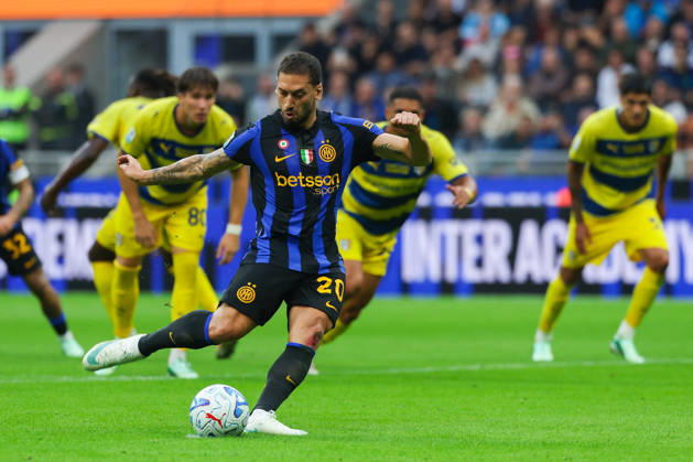 Hakan Calhanoglu of FC Internazionale scores a penalty during Serie A Enilive 2026 27 football match between FC Internazionale and Parma Calcio 1913. Italy Copyright: xBEAUTIFULxSPORTS Carabellix