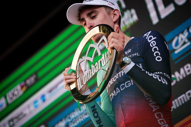 France s Paul Seixas of Decathlon CMA CGM Team celebrate on the podium after the 120th edition of the Il Lombardia, Tour of Lombardy cycling race, a 239 km one day race from Bergamo to Como on October 10, 2026, Italy.  Copyright: xMarcoxAlpozzi xLaPressex
