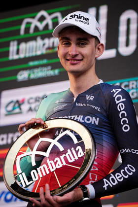 France s Paul Seixas of Decathlon CMA CGM Team celebrate on the podium after the 120th edition of the Il Lombardia, Tour of Lombardy cycling race, a 239 km one day race from Bergamo to Como on October 10, 2026, Italy.  Copyright: xMarcoxAlpozzi xLaPressex