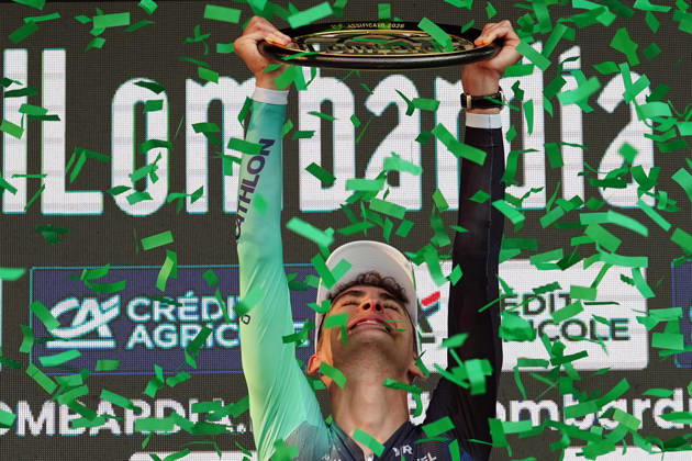 France s Paul Seixas of Decathlon CMA CGM Team celebrates as he cycles to the finish line to win during the 120th edition of the Il Lombardia, Tour of Lombardy cycling race, a 239 km one day race from Bergamo to Como on October 10, 2026, Italy.  Copyright: xGianxMattiaxD Alberto LaPressex