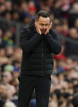 Manchester, England, 10th October 2026. Roberto De Zerbi coach of Tottenham reacts during the Manchester United, ManU vs Tottenham Hotspur Premier League match at Old Trafford, Manchester. Picture credit should read: Andrew Yates Sportimage EDITORIAL USE ONLY. No use with unauthorised audio, video, data, fixture lists, club league logos or live services. Online in-match use limited to 120 images, no video emulation. No use in betting, games or single club league player publications. SPI_028_AY_MANUTD_SPURS SPI-5058-0028