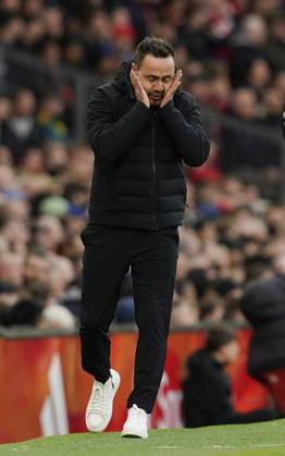 Manchester, England, 10th October 2026. Roberto De Zerbi coach of Tottenham reacts during the Manchester United, ManU vs Tottenham Hotspur Premier League match at Old Trafford, Manchester. Picture credit should read: Andrew Yates Sportimage EDITORIAL USE ONLY. No use with unauthorised audio, video, data, fixture lists, club league logos or live services. Online in-match use limited to 120 images, no video emulation. No use in betting, games or single club league player publications. SPI_029_AY_MANUTD_SPURS SPI-5058-0029
