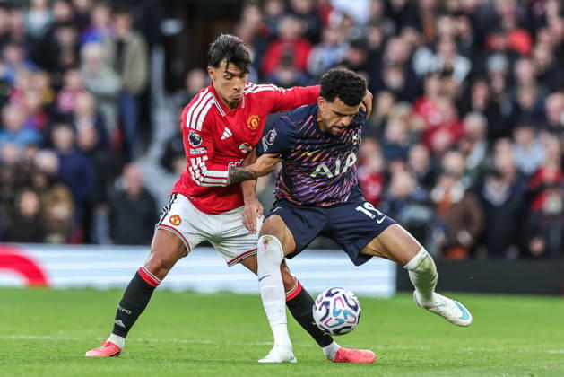 Premier League: Manchester United, ManU v Tottenham Hotspur Lisandro Martinez of Manchester United and Dominic Solanke of Tottenham Hotspur battle for the ball during the Premier League match Manchester United vs Tottenham Hotspur at Old Trafford, Manchester, United Kingdom on 10 October 2026 (Photo by Mark Cosgrove News Images) Manchester Old Trafford Greater Manchester United Kingdom Copyright: xMarkxCosgrove NewsxImagesx