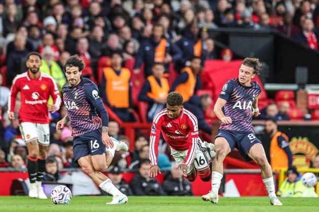 Premier League: Manchester United, ManU v Tottenham Hotspur Conor Gallagher of Tottenham Hotspur and Amad Diallo of Manchester United collide during the Premier League match Manchester United vs Tottenham Hotspur at Old Trafford, Manchester, United Kingdom on 10 October 2026 (Photo by Mark Cosgrove News Images) Manchester Old Trafford Greater Manchester United Kingdom Copyright: xMarkxCosgrove NewsxImagesx
