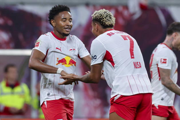 Christopher Nkunku (RB Leipzig) bejubelt seinen Treffer zum 3:0 mit Antonio Nusa (RB Leipzig) waehrend des spiels der 1. Bundesliga zwischen RB Leipzig und Eintracht Frankfurt, Red Bull Arena am 10. October 2026 in Leipzig, Deutschland. (Foto von Marco Steinbrenner DeFodi Images) +++ Christopher Nkunku (RB Leipzig) celebrates after scoring his teams third Goal with Antonio Nusa (RB Leipzig) during the Bundesliga match between RB Leipzig and Eintracht Frankfurt at Red Bull Arena on October 10, 2026 in Leipzig, Germany. (Photo by Marco Steinbrenner DeFodi Images) DFB DFL REGULATIONS PROHIBIT ANY USE OF PHOTOGRAPHS AS IMAGE SEQUENCES AND OR QUASI-VIDEO. (Photo by Marco Steinbrenner DeFodi Images) -
