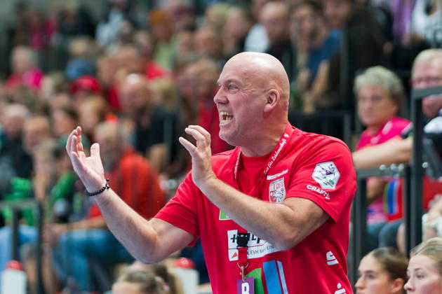 Trainer Pether Krautmeyer (Halle), SV Union Halle-Neustadt vs. BSV Sachsen Zwickau, Handball Bundesliga Frauen, 1. Bundesliga 5. Spieltag Saison 2026 27, 10.10.2026 Halle SWH Arena Sachsen-Anhalt Deutschland