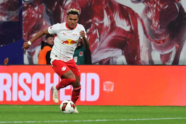 10.10.2026, xgox, Fussball 1.Bundesliga, RB Leipzig - Eintracht Frankfurt v.l. Antonio Nusa (RB Leipzig) vor dem Tor zum 5:0 (DFL DFB REGULATIONS PROHIBIT ANY USE OF PHOTOGRAPHS as IMAGE SEQUENCES and or QUASI-VIDEO) Leipzig