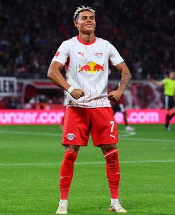 RB Leipzig - Frankfurt Bundesliga Leipzig, 10.10.2026, Red Bull Arena, Fussball, Bundesliga, Spieltag 5 , RB Leipzig vs. SG Eintracht Frankfurt , Tor für Leipzig zum5:0. Im Bild: Torschütze Antonio Nusa (7, RB Leipzig), Torjubel. ,