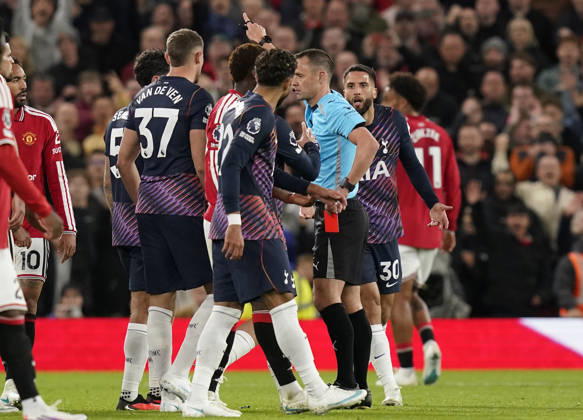 Manchester, England, 10th October 2026. Rodrigo Bentancur of Tottenham Hotspur is sent off during the Manchester United, ManU vs Tottenham Hotspur Premier League match at Old Trafford, Manchester. Picture credit should read: Andrew Yates Sportimage EDITORIAL USE ONLY. No use with unauthorised audio, video, data, fixture lists, club league logos or live services. Online in-match use limited to 120 images, no video emulation. No use in betting, games or single club league player publications. SPI_046_AY_MANUTD_SPURS SPI-5058-0046