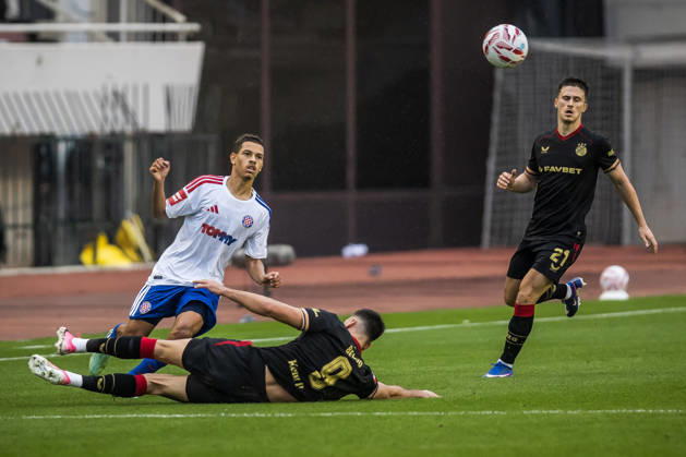 SuperSport HNL, round 09: HNK Hajduk Split v GNK Dinamo Zagreb Khalil Fayad of HNK Hajduk Split and Dion Drena Beljo of GNK Dinamo Zagreb during the SuperSport HNL 2026. 2027. round 09 match between HNK Hajduk Split and GNK Dinamo Zagreb at Poljud Stadium in Split, Croatia on October 10, 2026.  ZvonimirxBarisin PIXSELL