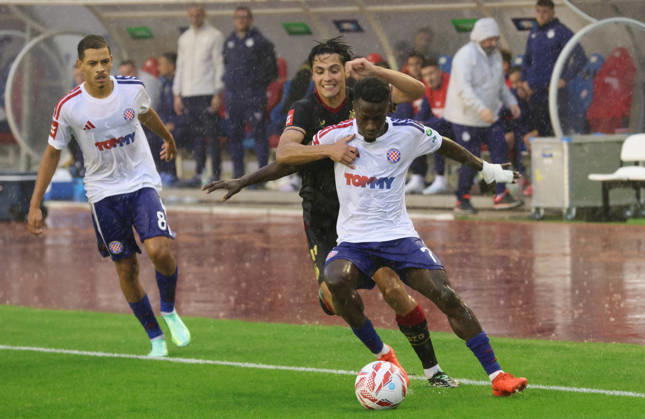 SuperSport HNL, round 09: HNK Hajduk Split v GNK Dinamo Zagreb Matteo Vinlof of GNK Dinamo Zagreb and Abdoulie Sanyang Bamba of HNK Hajduk Split during the SuperSport HNL 2026. 2027. round 09 match between HNK Hajduk Split and GNK Dinamo Zagreb at Poljud Stadium in Split, Croatia on October 10, 2026.  IvoxCagalj PIXSELL
