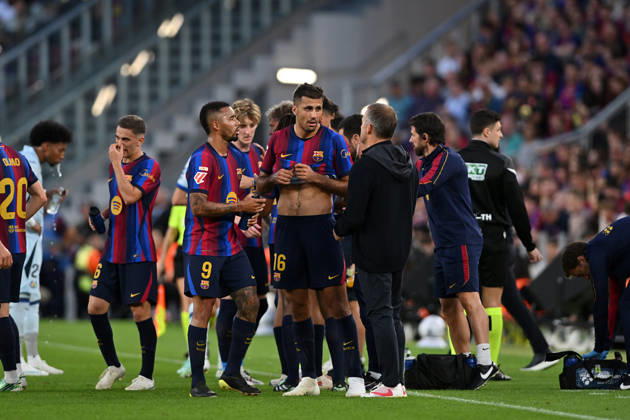 FC Barcelona, Barca v GETAFE CF SPOTIFY CAMP NOU. BARCELONA October 10,2026 FC BARCELONA vs GETAFE CF OCTOBER 10 ,2026 Gabriel Jesus (9) of FC Barcelona, Rodrigo (16) of FC Barcelona and Hansi Flick head coach of FC Barcelona during the match between FC Barcelona and Getafe CF corresponding to the eighth day of La Liga EA Sports at at Spotify Camp Nou in Barcelona, Spain. Barcelona ESP Copyright: xS.xRosx