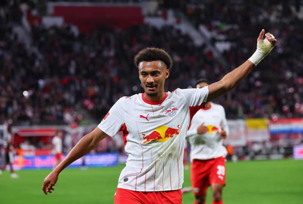 RB Leipzig - Frankfurt Bundesliga Leipzig, 10.10.2026, Red Bull Arena, Fussball, Bundesliga, Spieltag 5 , RB Leipzig vs. SG Eintracht Frankfurt 6:0 (4:0) , Tor für Leipzig zum 6:0.. Im Bild: Torschütze Tidiam Gomis (27, RB Leipzig), Torjubel ,