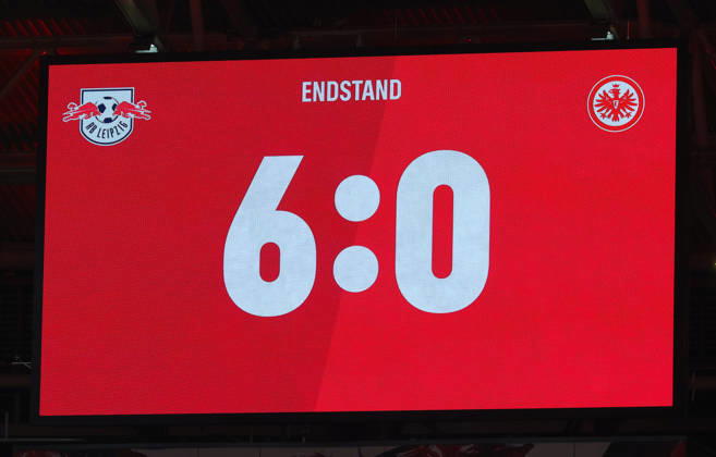 RB Leipzig - Frankfurt Bundesliga Leipzig, 10.10.2026, Red Bull Arena, Fussball, Bundesliga, Spieltag 5 , RB Leipzig vs. SG Eintracht Frankfurt 6:0 (4:0) , Im Bild: Endresultat auf der Anzeigetafel ,