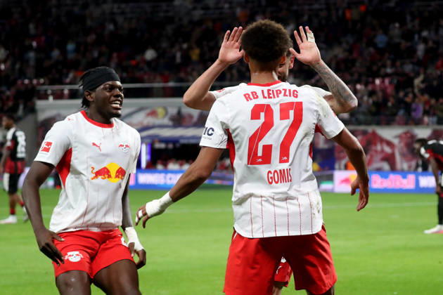 10.10.2026, xgox, Fussball 1.Bundesliga, RB Leipzig - Eintracht Frankfurt v.l. Torjubel nach dem Tor zum celebrating the goal celebrate 6:0 durch Tidiam Gomis (RB Leipzig) (DFL DFB REGULATIONS PROHIBIT ANY USE OF PHOTOGRAPHS as IMAGE SEQUENCES and or QUASI-VIDEO) Leipzig