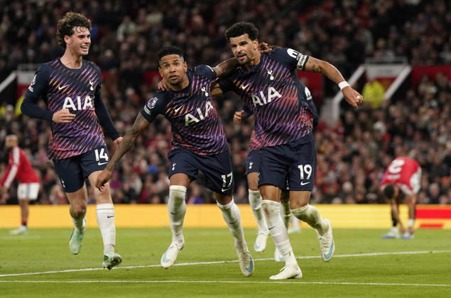 Manchester, England, 10th October 2026. Dominic Solanke of Tottenham Hotspur (R) celebrates after scoring during the Manchester United, ManU vs Tottenham Hotspur Premier League match at Old Trafford, Manchester. Picture credit should read: Andrew Yates Sportimage EDITORIAL USE ONLY. No use with unauthorised audio, video, data, fixture lists, club league logos or live services. Online in-match use limited to 120 images, no video emulation. No use in betting, games or single club league player publications. SPI_052_AY_MANUTD_SPURS SPI-5058-0049
