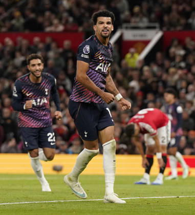 Manchester, England, 10th October 2026. Dominic Solanke of Tottenham Hotspur celebrates after scoring during the Manchester United, ManU vs Tottenham Hotspur Premier League match at Old Trafford, Manchester. Picture credit should read: Andrew Yates Sportimage EDITORIAL USE ONLY. No use with unauthorised audio, video, data, fixture lists, club league logos or live services. Online in-match use limited to 120 images, no video emulation. No use in betting, games or single club league player publications. SPI_053_AY_MANUTD_SPURS SPI-5058-0050