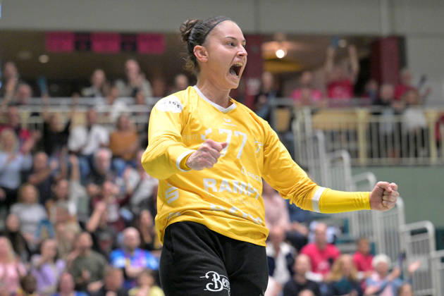 Sara Suba (TusSies Metzingen, 77) im Tor Jubelt nach der Parade TusSies Metzingen vs. SCM Ramnicu Valcea, Handball, EHF, Europa Leauge Qualifikation Rueckspiel, Saison 2026 2027, 10.10.2026 TusSies Metzingen vs. SCM Ramnicu Valcea, Handball, EHF, Europa Leauge Qualifikation Rueckspiel, Saison 2026 2027, 10.10.2026 Metzingen Copyright: xEibner-Pressefotox EP_TBR