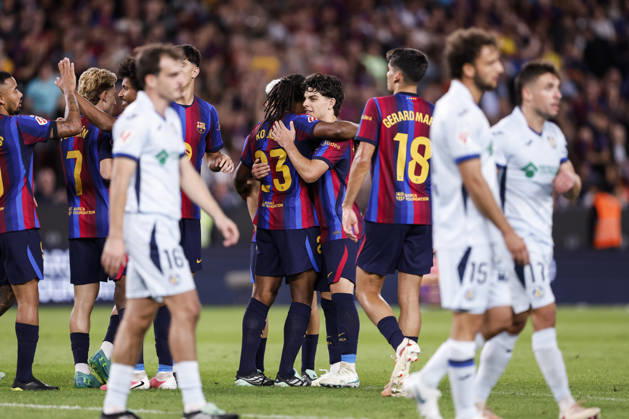 October 10, 2026, Barcelona, Barcelona, Spain: Jules Kounde of FC Barcelona, Barca celebrates a goal with teammates during the Spanish league, LaLiga EA Sports, football match played between FC Barcelona and Getafe CF at Spotify Camp Nou stadium on October 10, 2026 in Barcelona, Spain. FC Barcelona V Getafe CF - LaLiga EA Sports - ZUMAa181 20261010_zaa_a181_109 Copyright: xJavierxBorregox