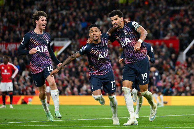 MANCHESTER, ENGLAND, OCT 10: Dominic Solanke (R) of Tottenham Hotspur celebrates with teammates Savio and Archie Gray (L) after scoring his sides first goal during the Premier League match between Manchester United, ManU and Tottenham Hotspur at Old Trafford in Manchester, England (Will Palmer Sports Press Photo) Copyright: xWillxPalmer SportsxPressxPhotox Sportspressphoto_SPR251516