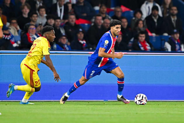 Paris Saint-Germain v Le Mans FC - Ligue 1 McDonald s 2026 2027 Lucas CALODAT of Le Mans FC and Achraf HAKIMI of Paris Saint-Germain during Ligue 1 McDonald s match between Paris and Le Mans at Parc des Princes on October 10, 2026 in Paris, France. Paris France  Copyright: xBaptistexFernandezx 776573319