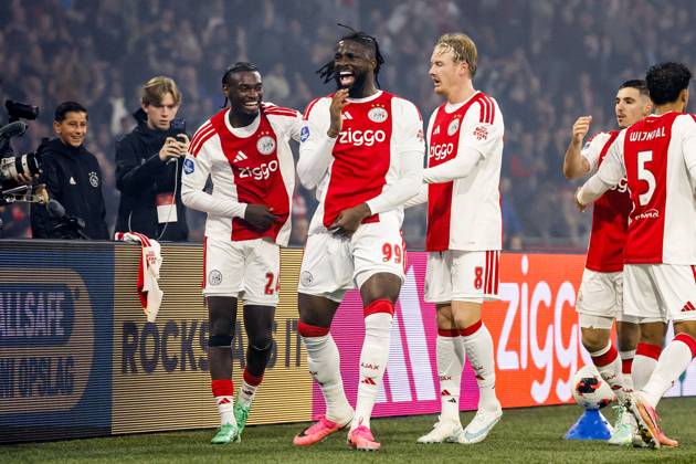 AMSTERDAM - (lr) Horthy Mokio of Ajax, Tolu Arokodare of Ajax, Julian Brandt of Ajax celebrate the 1-0 during the Dutch Eredivisie match between AFC Ajax and NEC Nijmegen at the Johan Cruijff ArenA on October 10, 2026 in Amsterdam, the Netherlands. MAURICE VAN STEEN ANP Eredivisie 2026 27 xVIxANPxSportx xxANPxIVx 572057429 originalFilename: 572057429.jpg