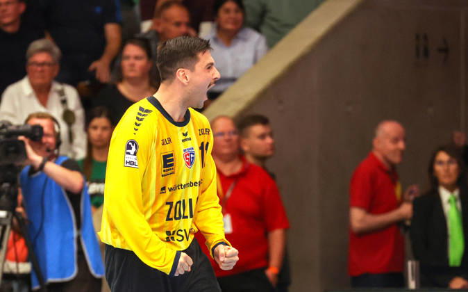 10.10.2026, Deutschland, Göppingen, Handball Opel HBL Bundesliga, FRISCH AUF! Göppingen vs. SG BBM Bietigheim, Jubel Martin Tomovski (BBM)