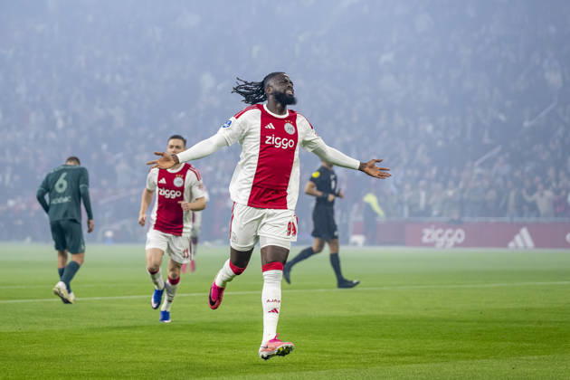 AMSTERDAM - AFC Ajax Amsterdam forward Toluwalase Arokodare celebrates the 1-0 during the Vriendenloterij Eredivisie match between Ajax and N.E.C. in Johan Cruijff ArenA on 10 oktober 2026 in Amsterdam , Nederland. (Photo by DeFodi Images) -