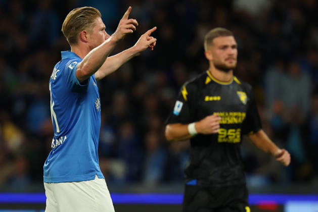 Napoli™s Kevin De Bruyne celebrates after scoring goal 1-0 during the Serie A soccer match between Napoli and Frosinone at the Diego Armando Maradona Stadium in Naples, southern italy - Sunday , October 10, 2026. - Soccer .  Copyright: xAlessandroxGarofalo LaPressex