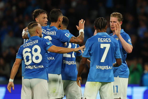 Napoli™s Kevin De Bruyne celebrates after scoring goal 1-0 during the Serie A soccer match between Napoli and Frosinone at the Diego Armando Maradona Stadium in Naples, southern italy - Sunday , October 10, 2026. - Soccer .  Copyright: xAlessandroxGarofalo LaPressex