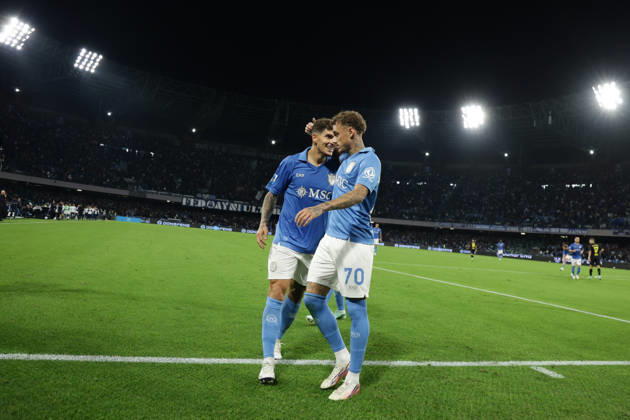 Serie a football match SSC Napoli vs Frosinone Napoli s Dutch midfielder Noa Lang celebrates after scoring a goal of 2-0 during the Serie A football match between SSC Napoli vs Frosinone at the Diego Armando Maradona Stadium in Naples, southern Italy, on October 10, 2026. ABP18059 Copyright: xAntonioxBalascox