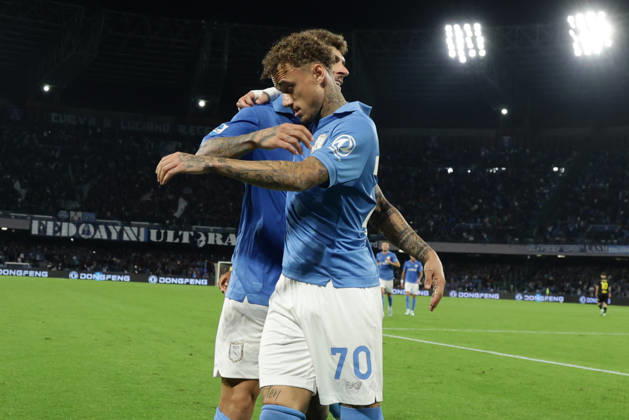 Serie a football match SSC Napoli vs Frosinone Napoli s Dutch midfielder Noa Lang celebrates after scoring a goal of 2-0 during the Serie A football match between SSC Napoli vs Frosinone at the Diego Armando Maradona Stadium in Naples, southern Italy, on October 10, 2026. ABP18066 Copyright: xAntonioxBalascox