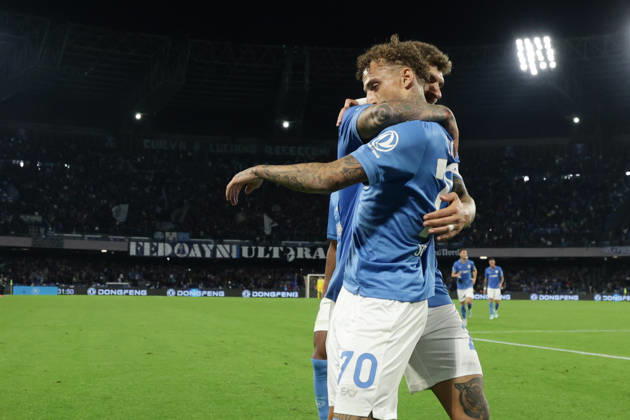 Serie a football match SSC Napoli vs Frosinone Napoli s Dutch midfielder Noa Lang celebrates after scoring a goal of 2-0 during the Serie A football match between SSC Napoli vs Frosinone at the Diego Armando Maradona Stadium in Naples, southern Italy, on October 10, 2026. ABP18072 Copyright: xAntonioxBalascox