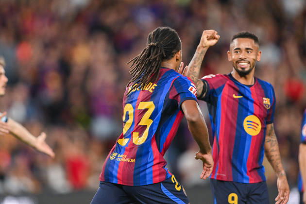 FC Barcelona, Barca v GETAFE CF SPOTIFY CAMP NOU. BARCELONA October 10,2026 FC BARCELONA vs GETAFE CF OCTOBER 10 ,2026 Jules Kounde (23) of FC Barcelona celebrates scoring his team s third goal with Gabriel Jesus (9) of FC Barcelona during the match between FC Barcelona and Getafe CF corresponding to the eighth day of La Liga EA Sports at at Spotify Camp Nou in Barcelona, Spain. Barcelona ESP Copyright: xS.xRosx