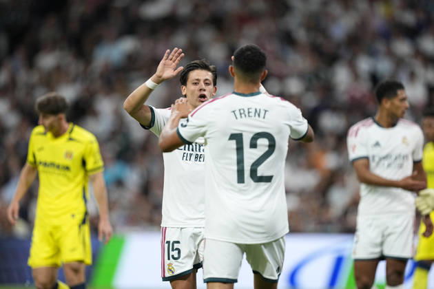 October 10, 2026, Madrid, Madrid, Spain: Arda Guler of Real Madrid CF claps with Trent Alexander-Arnold during the Spanish League, LaLiga EA Sports, football match between Real Madrid and Villarreal CF at Bernabeu stadium on October 10, 2026, in Madrid, Spain. Real Madrid V Villarreal CF - LaLiga EA Sports  - ZUMAa181 20261010_zaa_a181_132 Copyright: xOscarxJ.xBarrosox